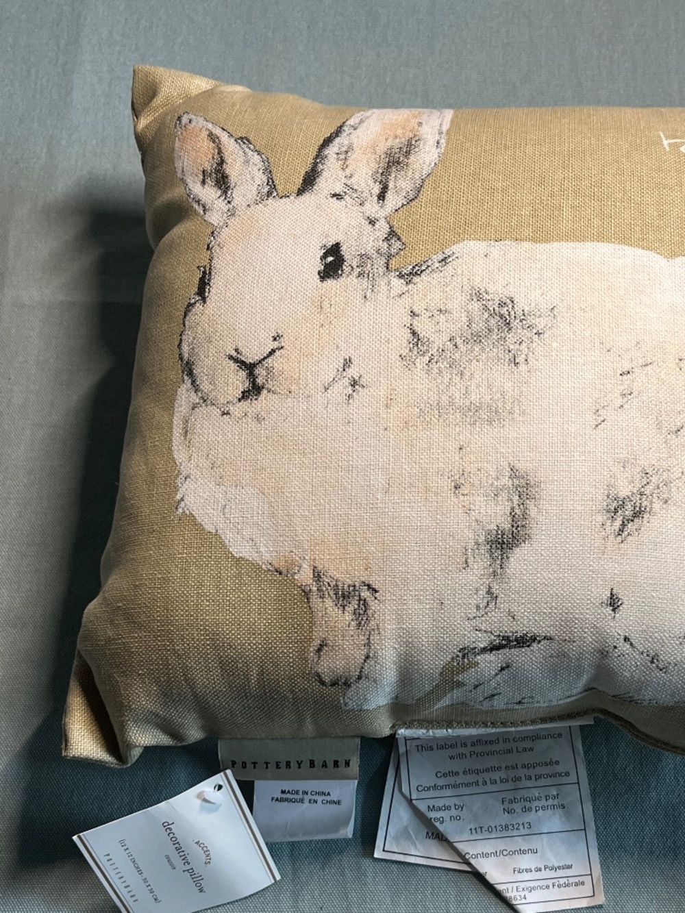 POTTERY BARN Watercolor Bunny Pillow EASTER/SPRING Linen Blend White Rabbit NWT